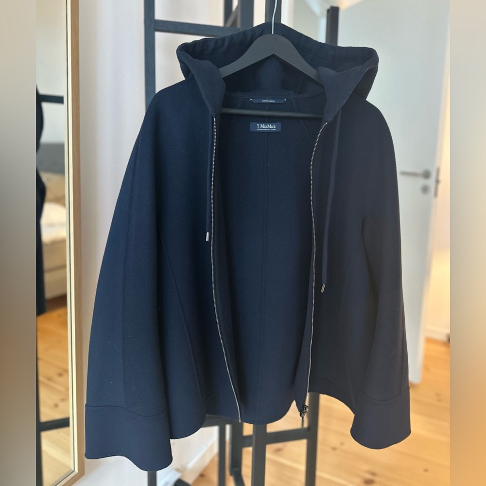 MaxMara Navy Hooded Virgin Wool Zip Up Jacket